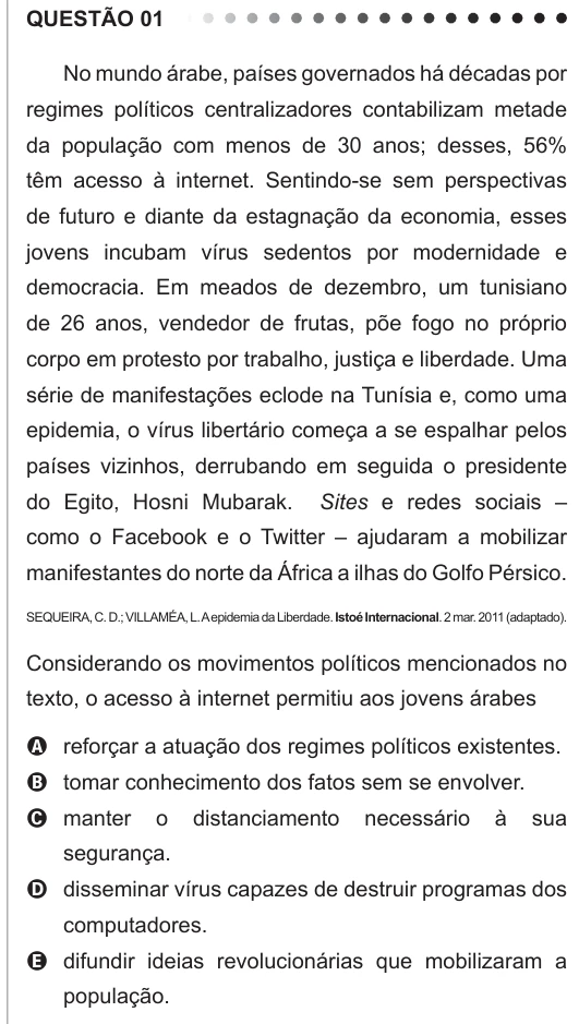 ENEM 2011 - questão 1: enunciado e alternativas no caderno oficial