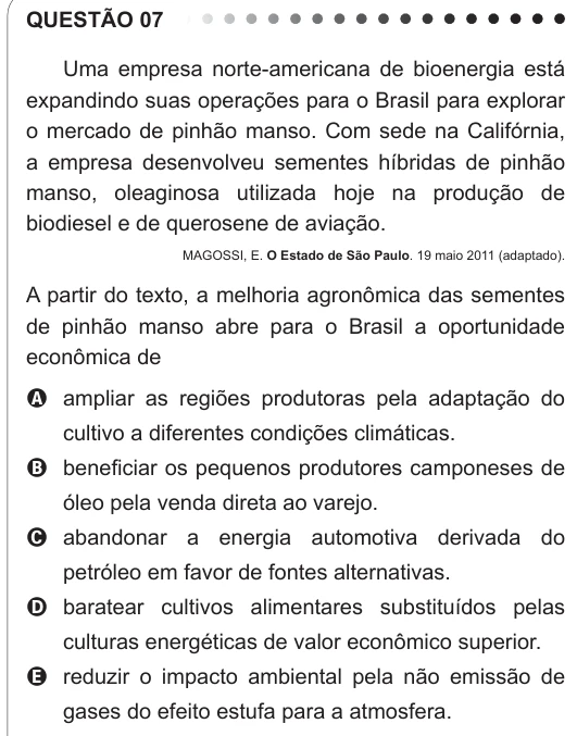 ENEM 2011 - questão 7: enunciado e alternativas no caderno oficial
