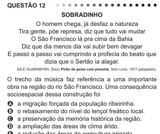 ENEM 2011 - questão 12: enunciado e alternativas no caderno oficial