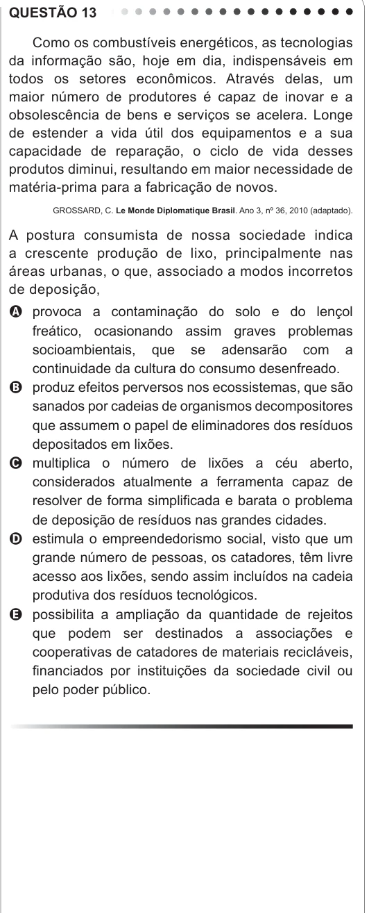 ENEM 2011 - questão 13: enunciado e alternativas no caderno oficial