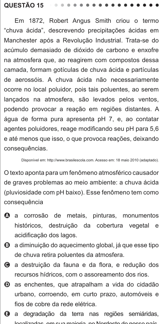 ENEM 2011 - questão 15: enunciado e alternativas no caderno oficial