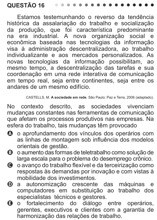 ENEM 2011 - questão 16: enunciado e alternativas no caderno oficial
