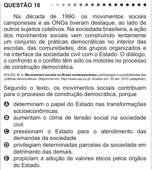 ENEM 2011 - questão 18: enunciado e alternativas no caderno oficial