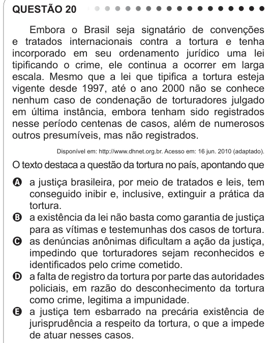 ENEM 2011 - questão 20: enunciado e alternativas no caderno oficial