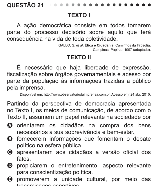 ENEM 2011 - questão 21: enunciado e alternativas no caderno oficial