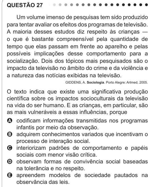 ENEM 2011 - questão 27: enunciado e alternativas no caderno oficial