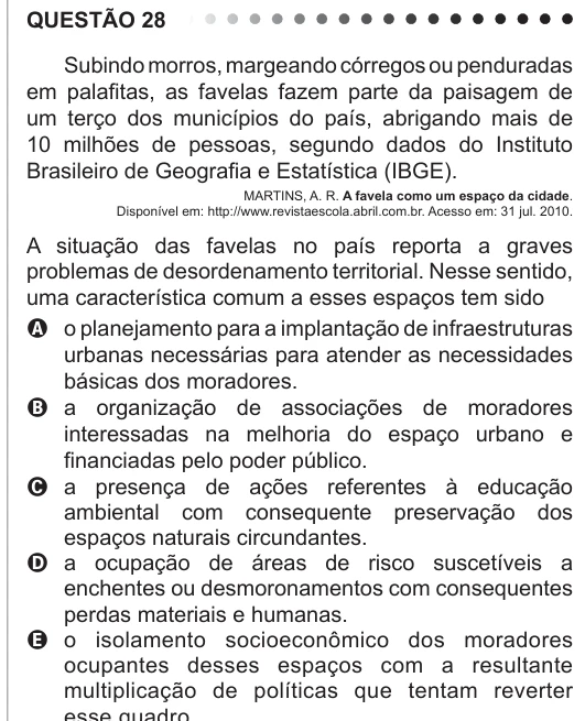 ENEM 2011 - questão 28: enunciado e alternativas no caderno oficial