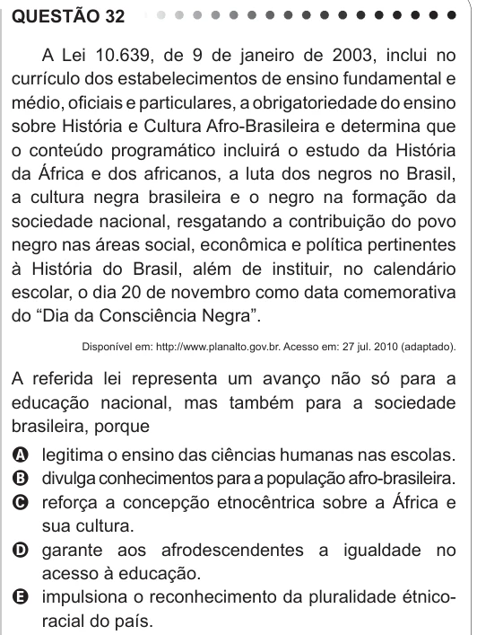ENEM 2011 - questão 32: enunciado e alternativas no caderno oficial
