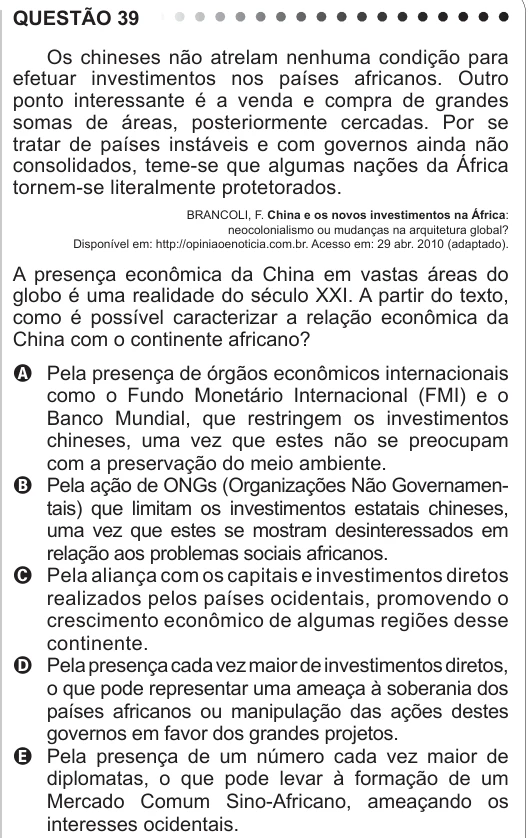 ENEM 2011 - questão 39: enunciado e alternativas no caderno oficial