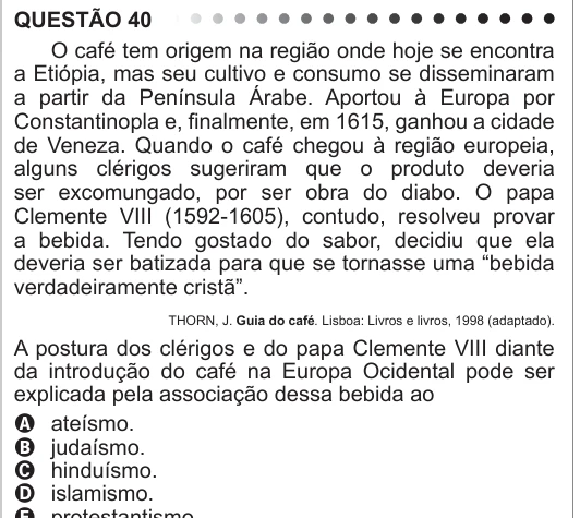 ENEM 2011 - questão 40: enunciado e alternativas no caderno oficial
