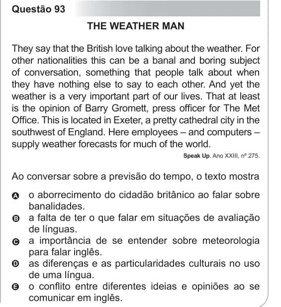 ENEM 2011 - questão 93: enunciado e alternativas no caderno oficial