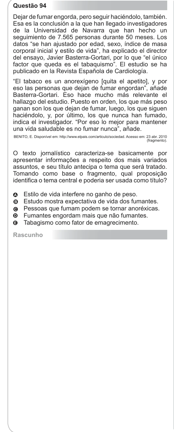 ENEM 2011 - questão 94 - espanhol: enunciado e alternativas no caderno oficial