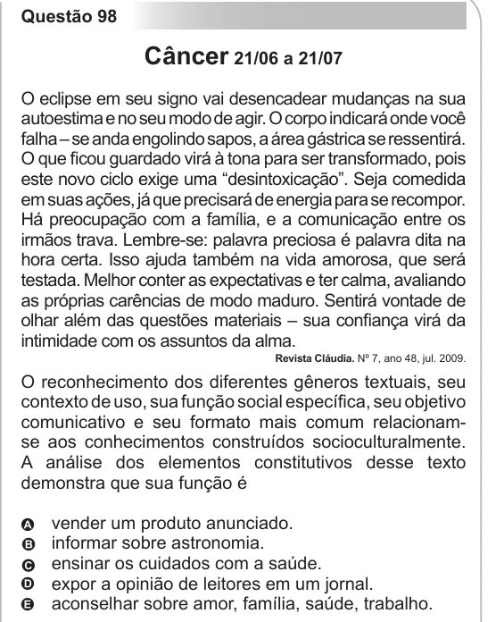 ENEM 2011 - questão 98: enunciado e alternativas no caderno oficial