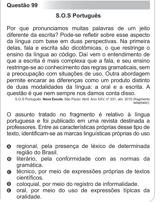 ENEM 2011 - questão 99: enunciado e alternativas no caderno oficial