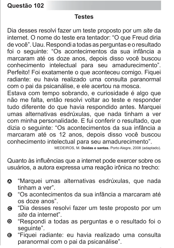 ENEM 2011 - questão 102: enunciado e alternativas no caderno oficial
