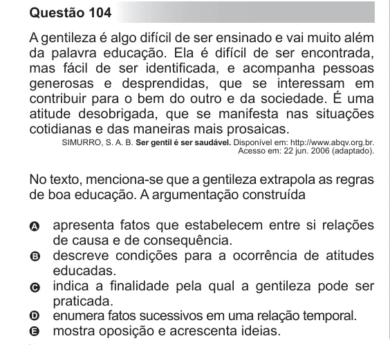 ENEM 2011 - questão 104: enunciado e alternativas no caderno oficial