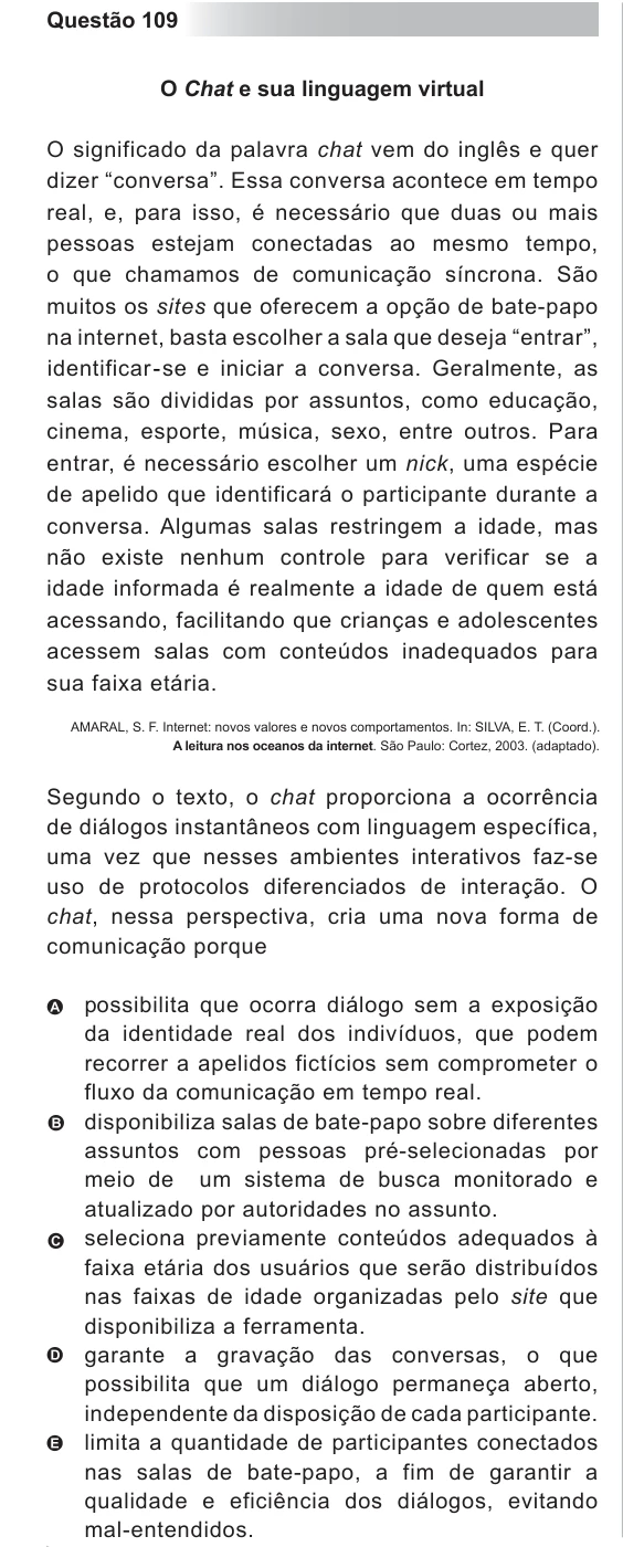 ENEM 2011 - questão 109: enunciado e alternativas no caderno oficial