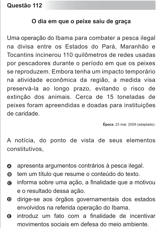 ENEM 2011 - questão 112: enunciado e alternativas no caderno oficial