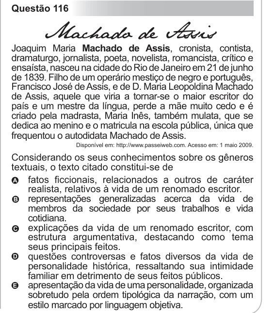 ENEM 2011 - questão 116: enunciado e alternativas no caderno oficial