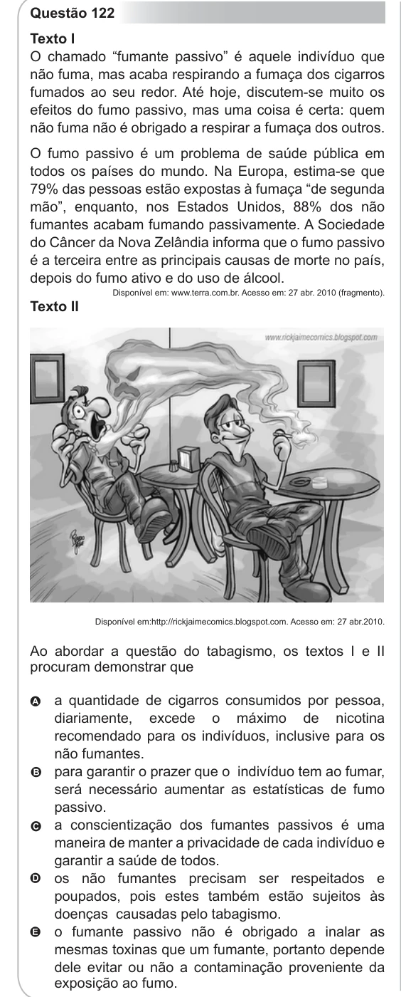 ENEM 2011 - questão 122: enunciado e alternativas no caderno oficial