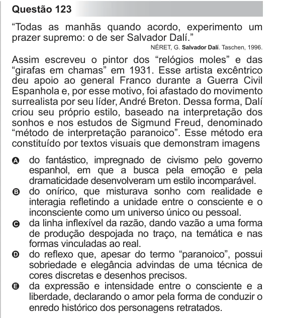 ENEM 2011 - questão 123: enunciado e alternativas no caderno oficial