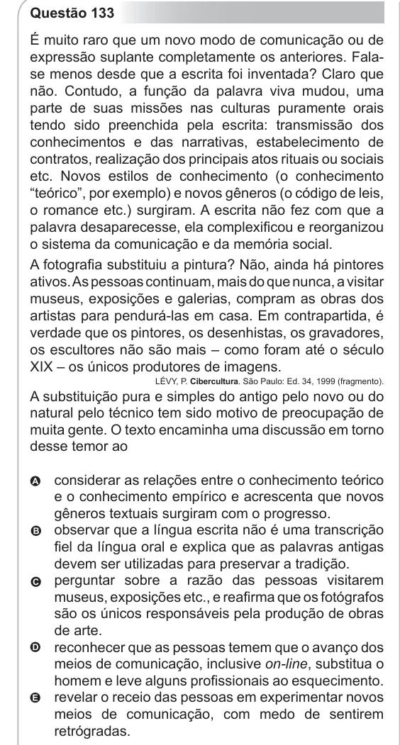 ENEM 2011 - questão 133: enunciado e alternativas no caderno oficial