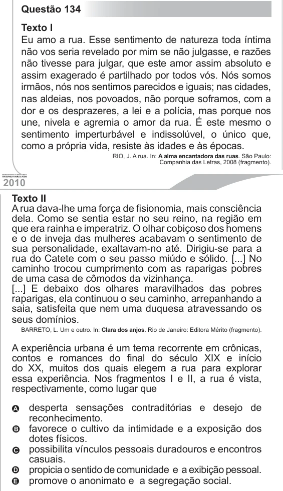 ENEM 2011 - questão 134: enunciado e alternativas no caderno oficial
