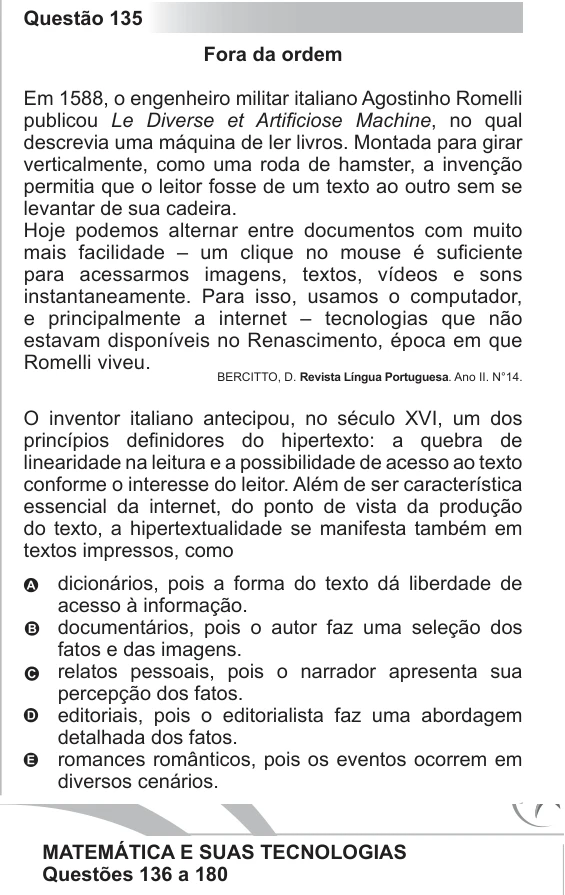ENEM 2011 - questão 135: enunciado e alternativas no caderno oficial