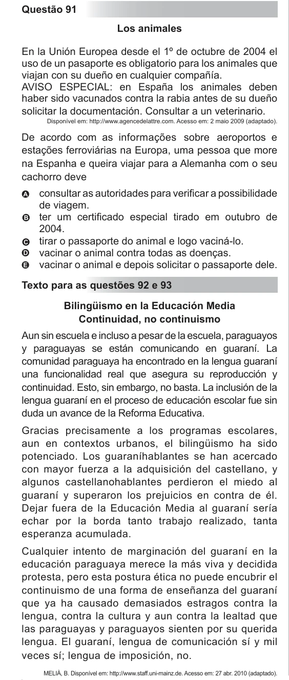 ENEM 2012 - questão 91 - espanhol: enunciado e alternativas no caderno oficial