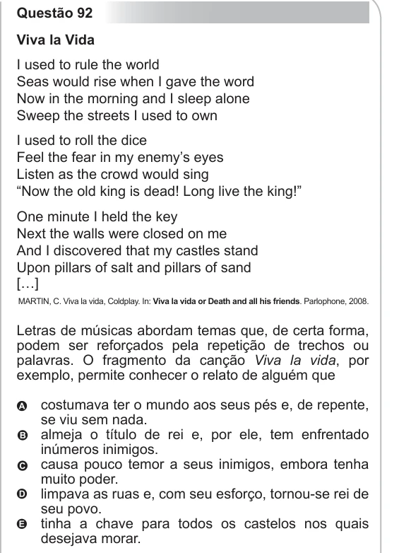 ENEM 2012 - questão 92: enunciado e alternativas no caderno oficial