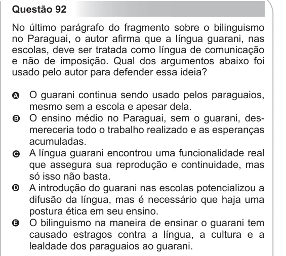 ENEM 2012 - questão 92 - espanhol: enunciado e alternativas no caderno oficial
