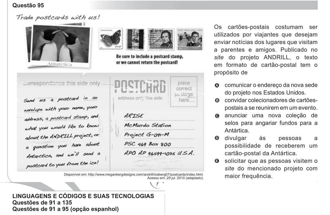 ENEM 2012 - questão 95: enunciado e alternativas no caderno oficial