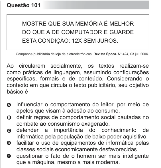 ENEM 2012 - questão 101: enunciado e alternativas no caderno oficial