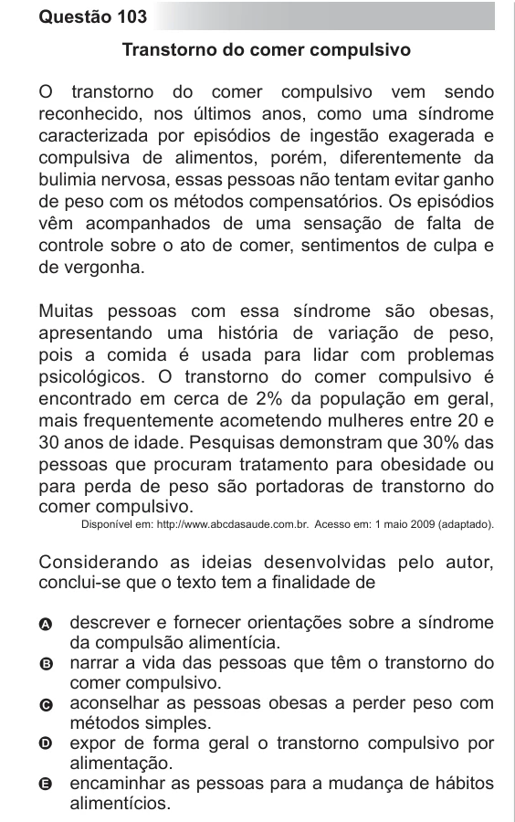 ENEM 2012 - questão 103: enunciado e alternativas no caderno oficial
