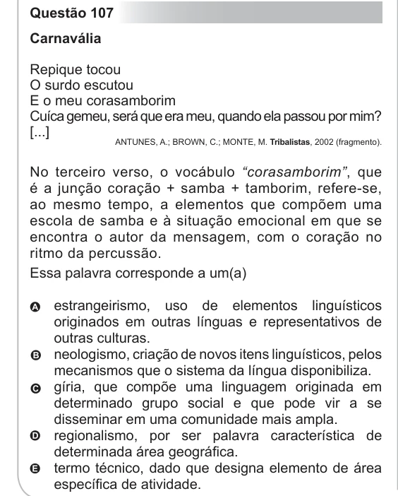 ENEM 2012 - questão 107: enunciado e alternativas no caderno oficial