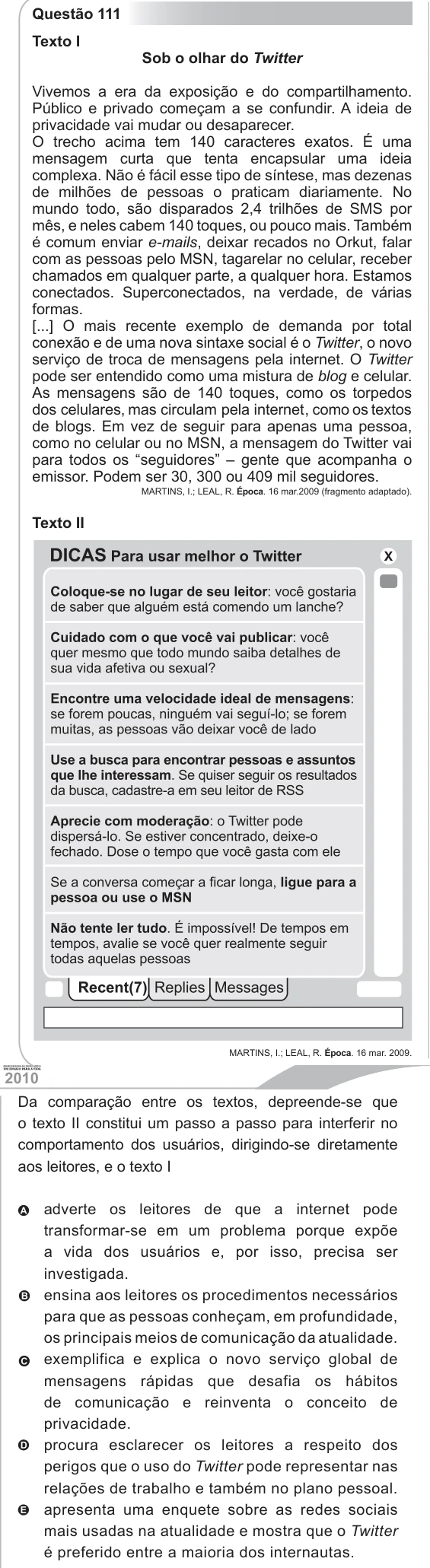ENEM 2012 - questão 111: enunciado e alternativas no caderno oficial