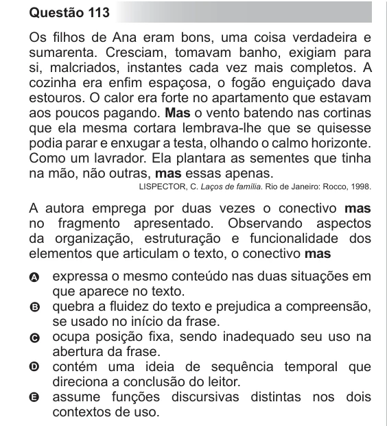 ENEM 2012 - questão 113: enunciado e alternativas no caderno oficial