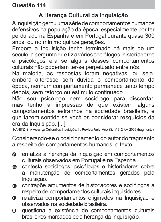 ENEM 2012 - questão 114: enunciado e alternativas no caderno oficial