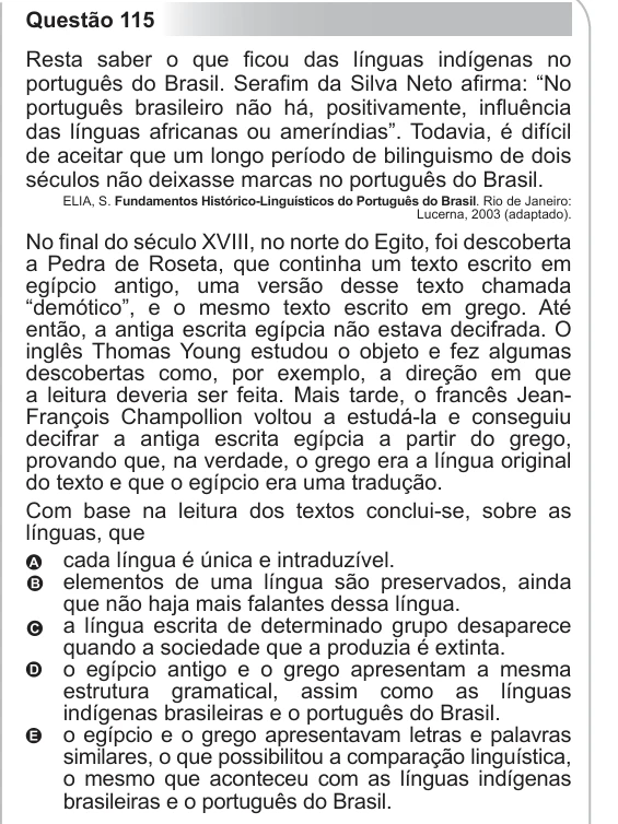 ENEM 2012 - questão 115: enunciado e alternativas no caderno oficial