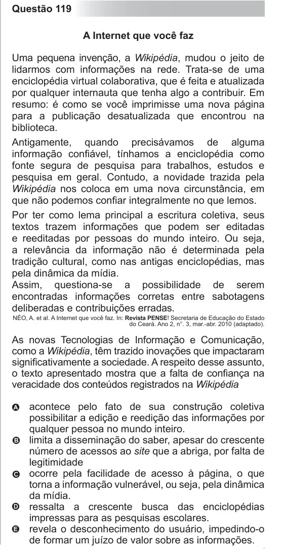 ENEM 2012 - questão 119: enunciado e alternativas no caderno oficial