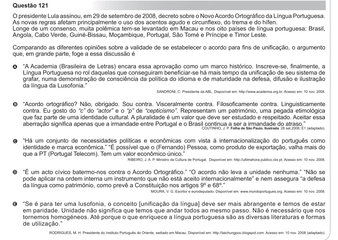 ENEM 2012 - questão 121: enunciado e alternativas no caderno oficial