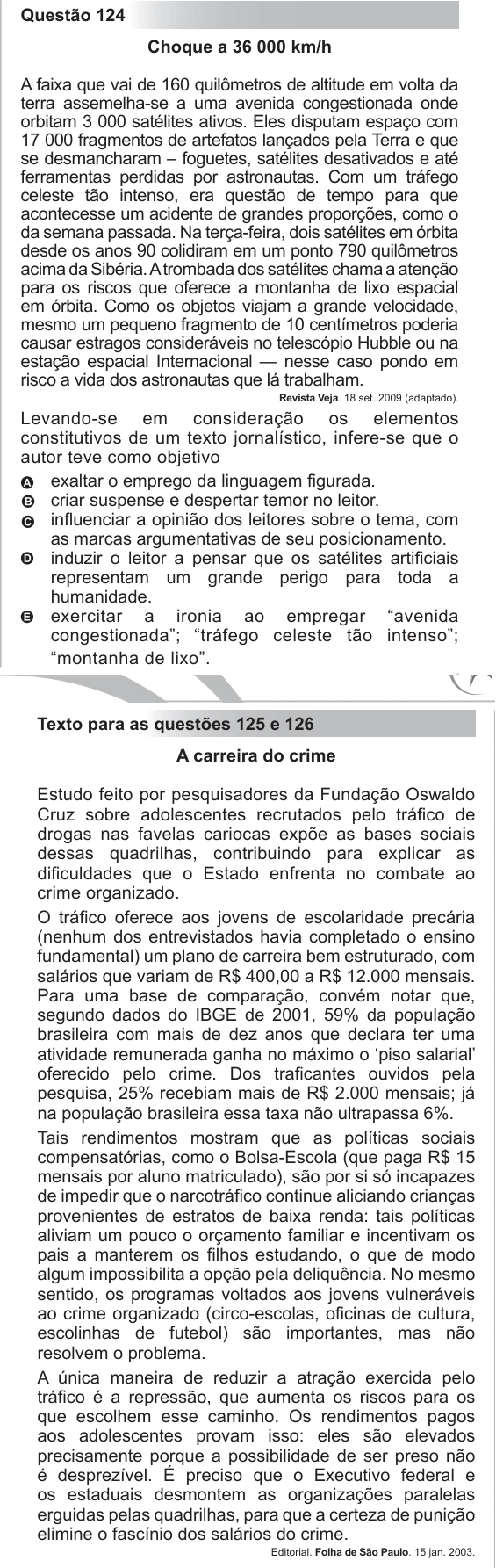 ENEM 2012 - questão 124: enunciado e alternativas no caderno oficial