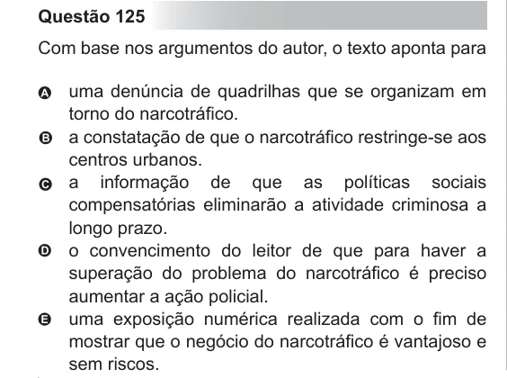 ENEM 2012 - questão 125: enunciado e alternativas no caderno oficial