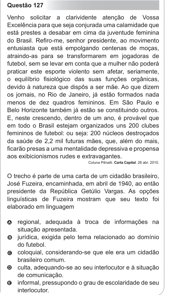 ENEM 2012 - questão 127: enunciado e alternativas no caderno oficial