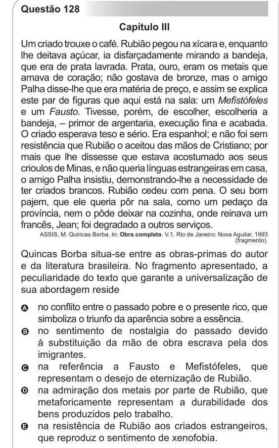 ENEM 2012 - questão 128: enunciado e alternativas no caderno oficial