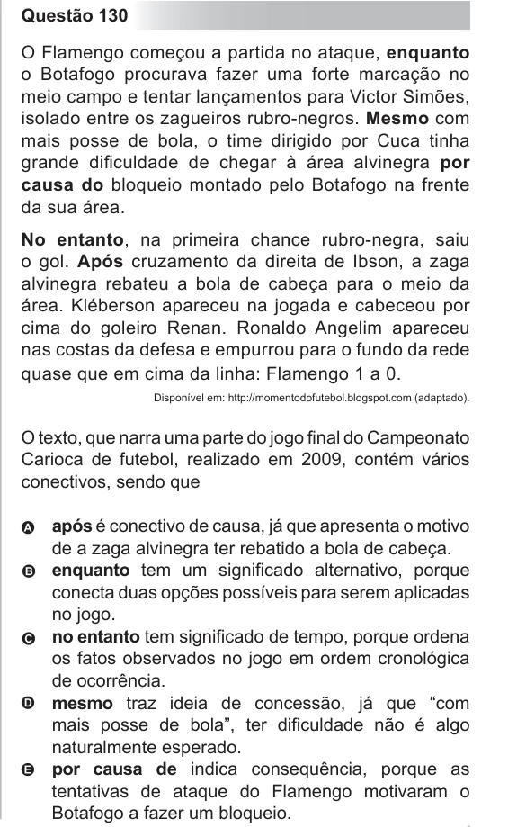 ENEM 2012 - questão 130: enunciado e alternativas no caderno oficial