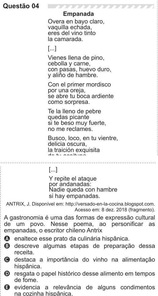 ENEM 2019 - questão 4 - espanhol: enunciado e alternativas no caderno oficial