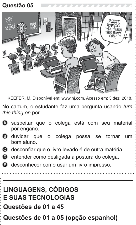 ENEM 2019 - questão 5: enunciado e alternativas no caderno oficial