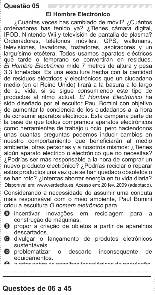 ENEM 2019 - questão 5 - espanhol: enunciado e alternativas no caderno oficial