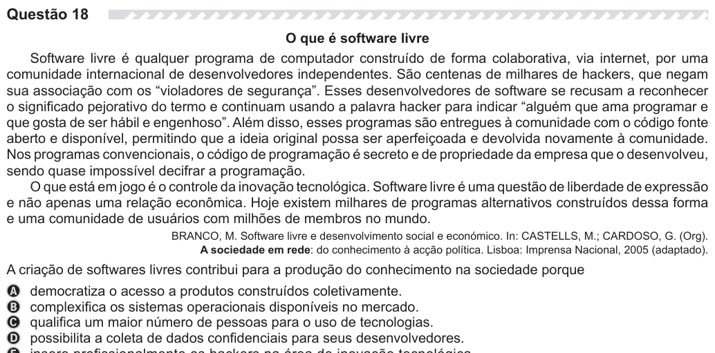 ENEM 2019 - questão 18: enunciado e alternativas no caderno oficial
